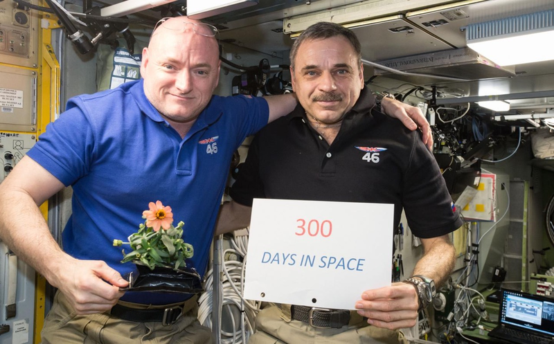 Scott Kelly and cosmonaut Mikhail Kornienko celebrate 300 days in space on January 21, 2016